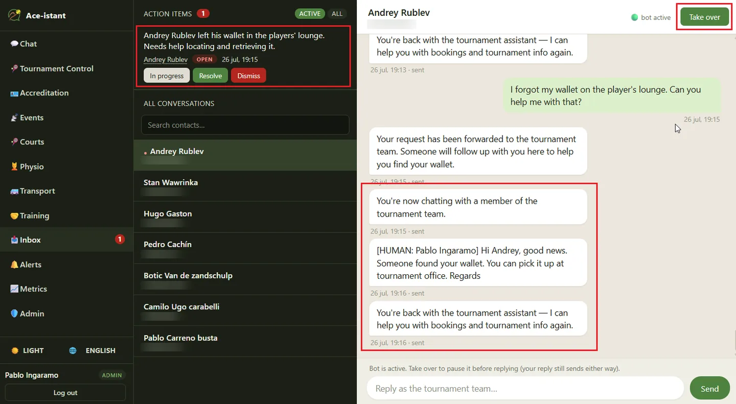 Inbox in the console: an open action item summarising a player's lost wallet, beside the conversation an operator has taken over