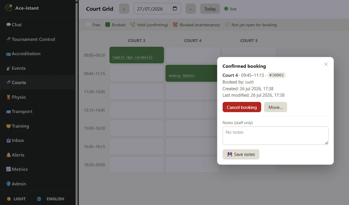Court grid in the operator console, showing booking 30002 on Court 4 at 09:45