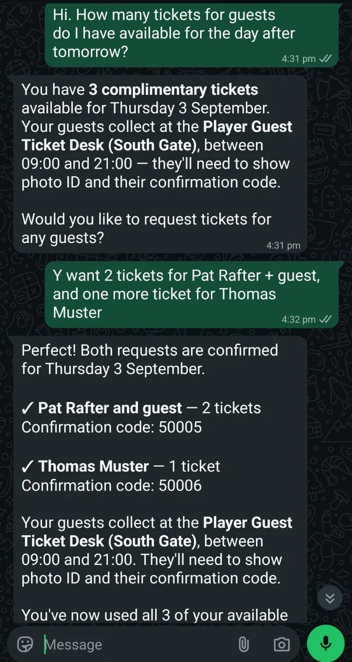 WhatsApp: a player asks how many guest tickets they have for the day after tomorrow, is told three, requests two for one guest and one for another, and both are confirmed with codes 50005 and 50006 plus the pickup desk and its hours