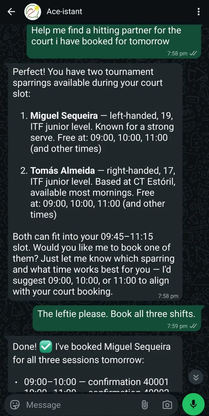 WhatsApp: the assistant offers two tournament sparrings that fit the player's 09:45 to 11:15 court slot and books all three sessions, codes 40001 onward