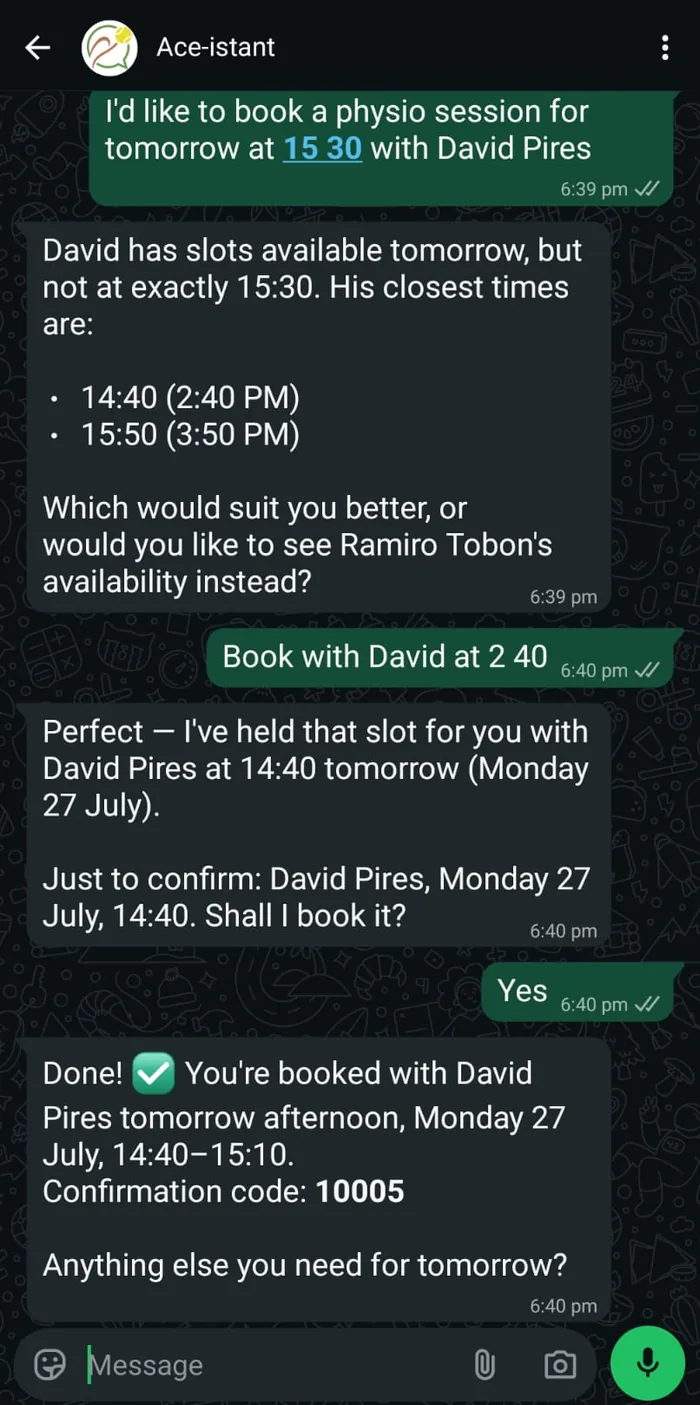 WhatsApp: a player asks for 15:30 with a named physio, is offered the nearest free times, and books 14:40 — confirmation code 10005