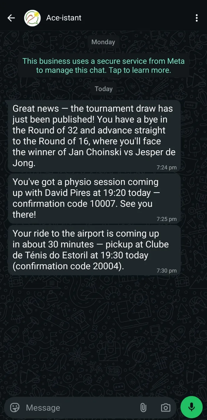 WhatsApp: three unprompted messages — the draw is out and the player has a bye, a physio session is coming up, and a ride leaves in 30 minutes