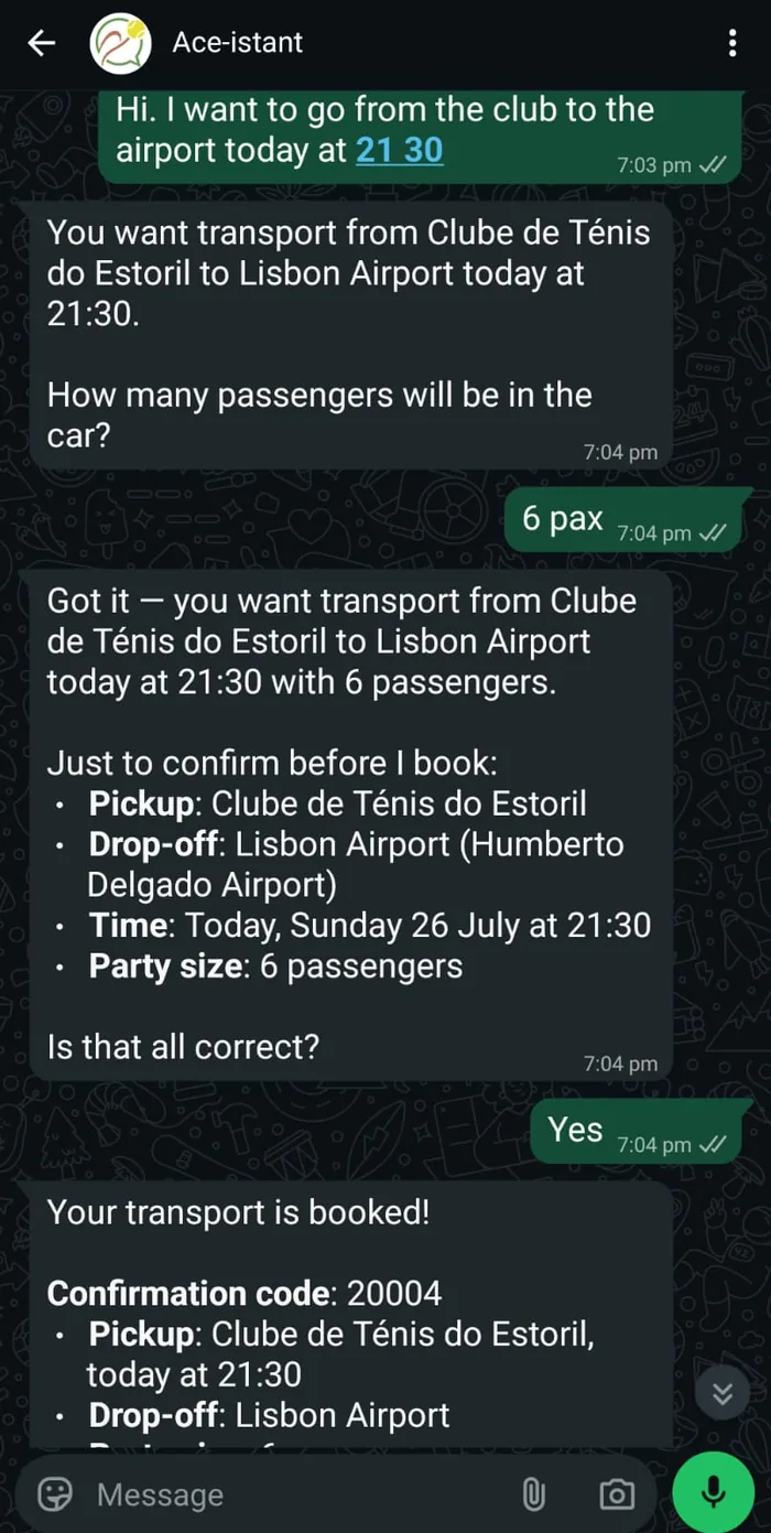 WhatsApp: a player asks for a car from the club to the airport at 21:30 for six passengers and gets confirmation code 20004